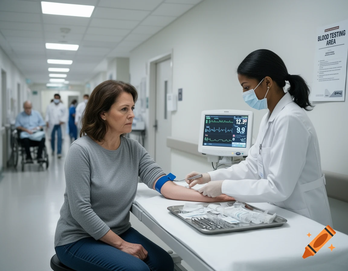 A medical professional takes blood from a woman's arm in a hospital hallway, with a monitor and 'BLOOD TESTING AREA' sign visible.