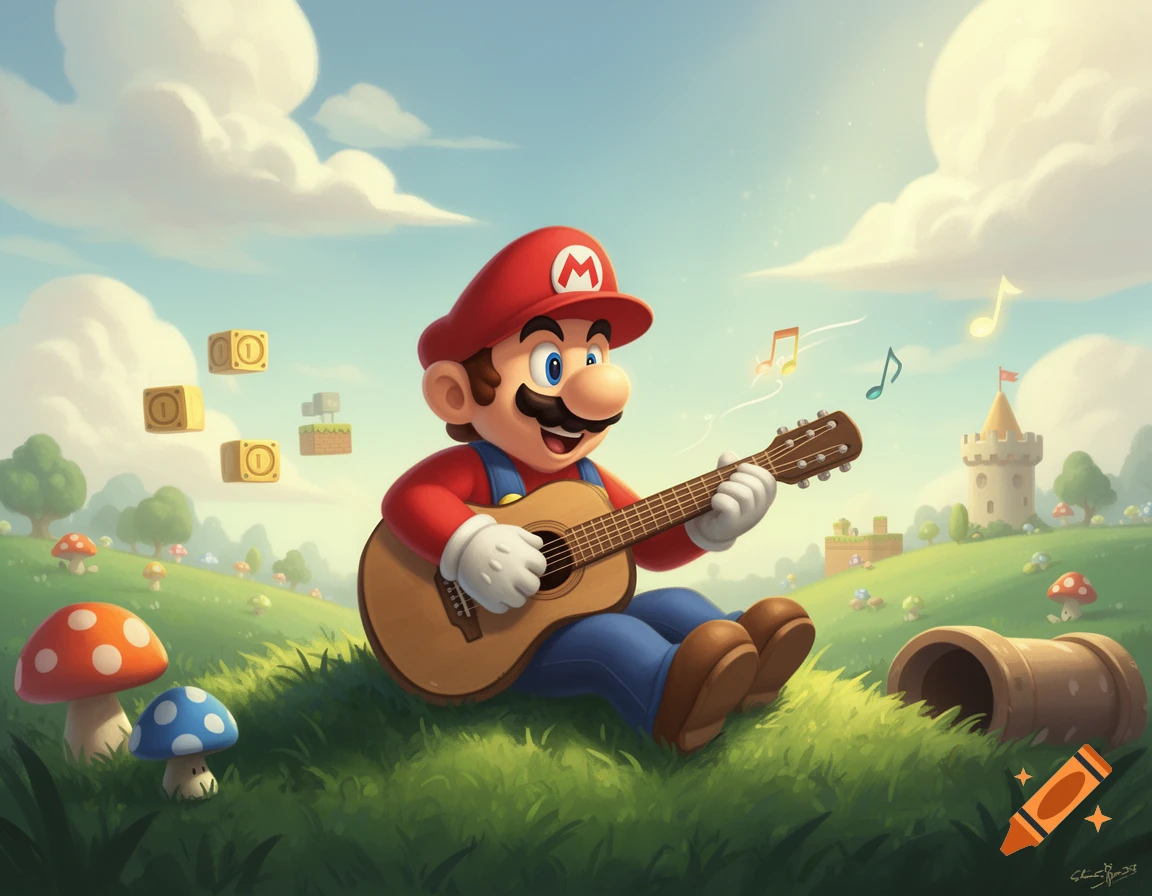Mario sits happily in a green field, playing an acoustic guitar amidst mushrooms, floating blocks, and a castle under a blue sky.