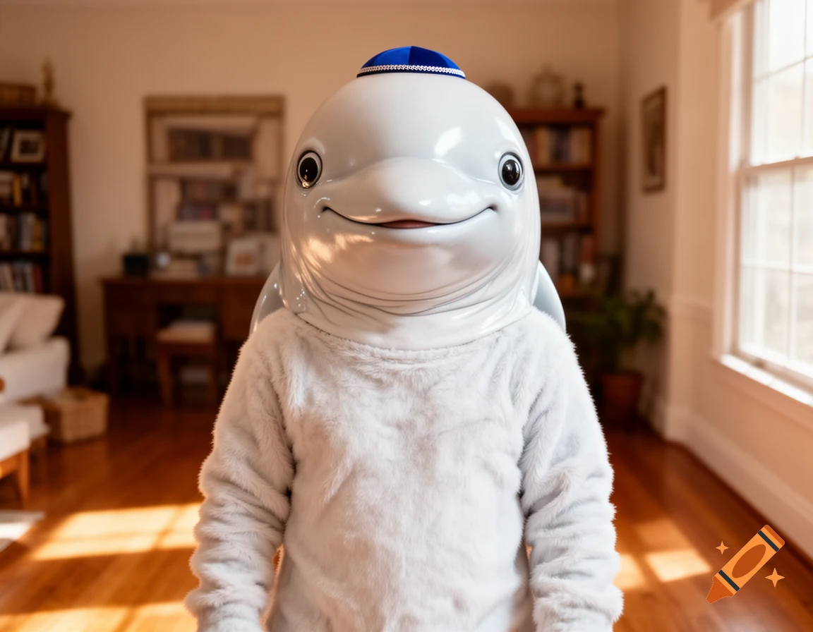 A beluga whale fursuit wearing a blue yarmulke stands smiling in a sunlit living room.