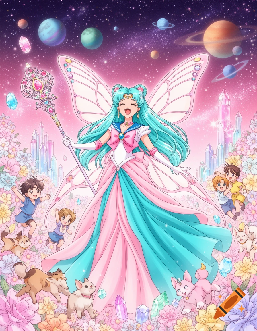 A joyful anime priestess with turquoise hair, a pink and blue dress, and butterfly wings holds a scepter, surrounded by flowers, crystals, playing children and animals, under a starry sky with planets.