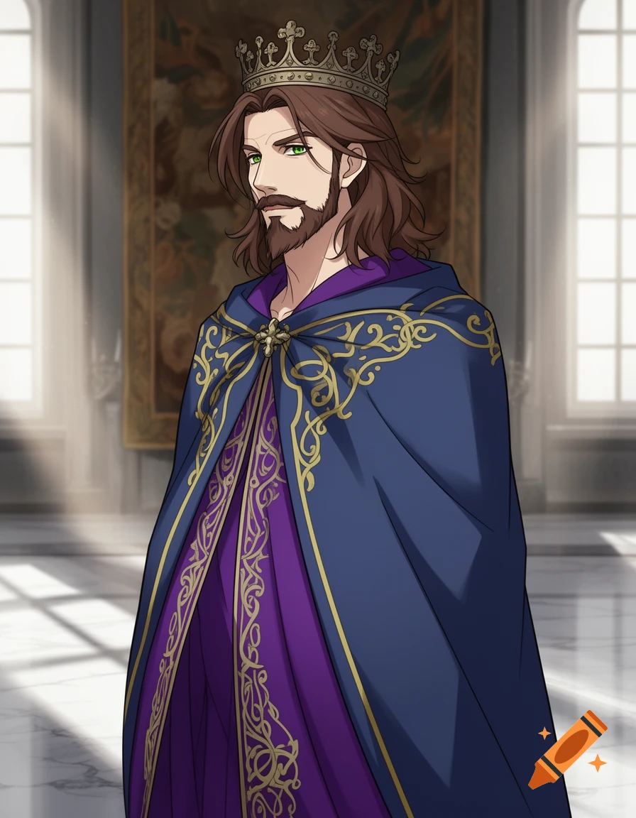 Manga-style portrait of a brown-haired, bearded king with green eyes, wearing a gold crown, a blue cloak, and a purple tunic in a hall.