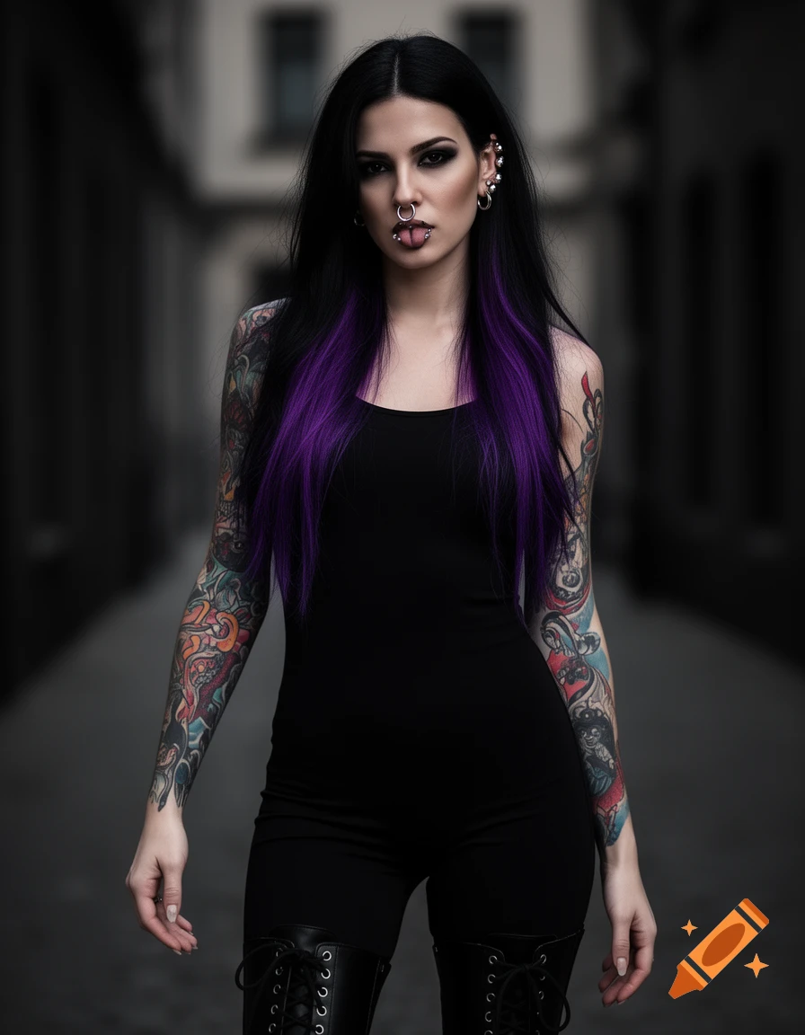 Photorealistic portrait of a gothic woman with black hair, violet highlights, dark makeup, multiple piercings, and full sleeve tattoos.