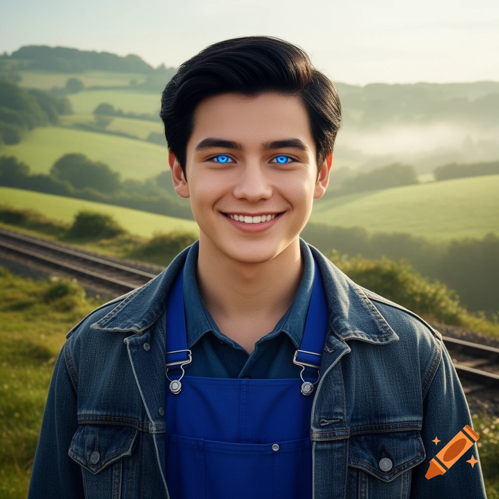 Smiling young man with bright blue eyes in a denim jacket and overalls, in a green landscape with train tracks.