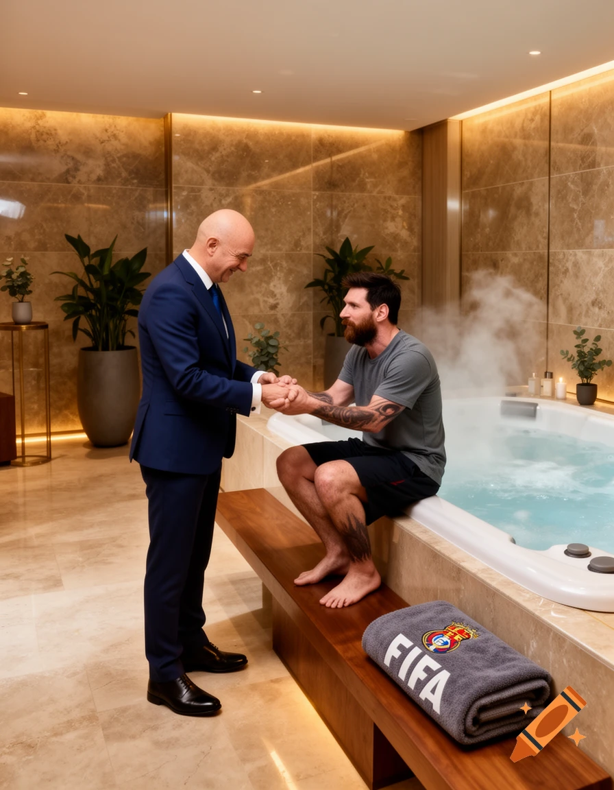 Gianni Infantino in a blue suit shakes hands with Lionel Messi by a steamy hot tub in a luxurious, marble-tiled room. A FIFA towel rests on a wooden bench.