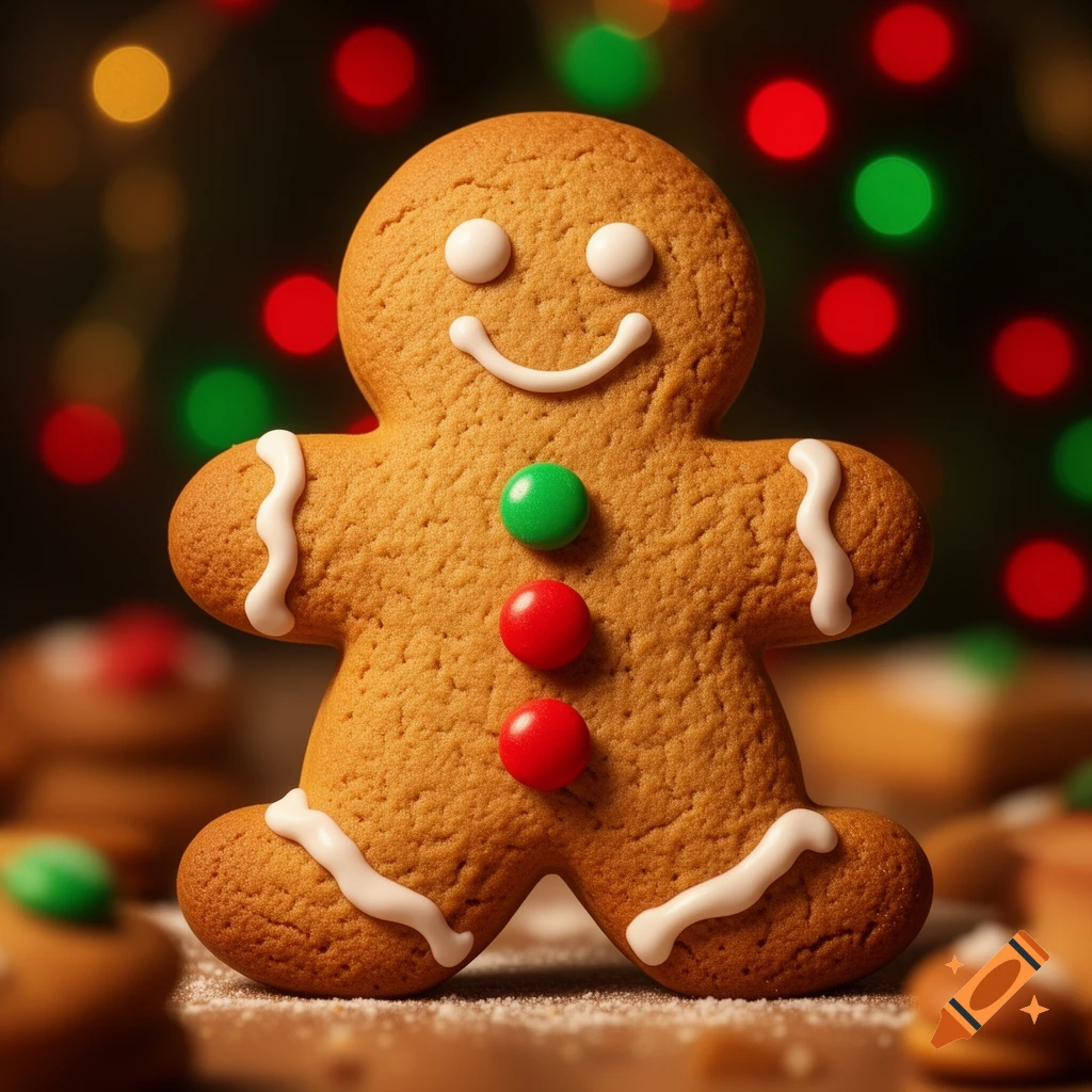 A close-up, photorealistic image of a gingerbread man cookie decorated with white icing, green and red candies, against a blurred festive background.