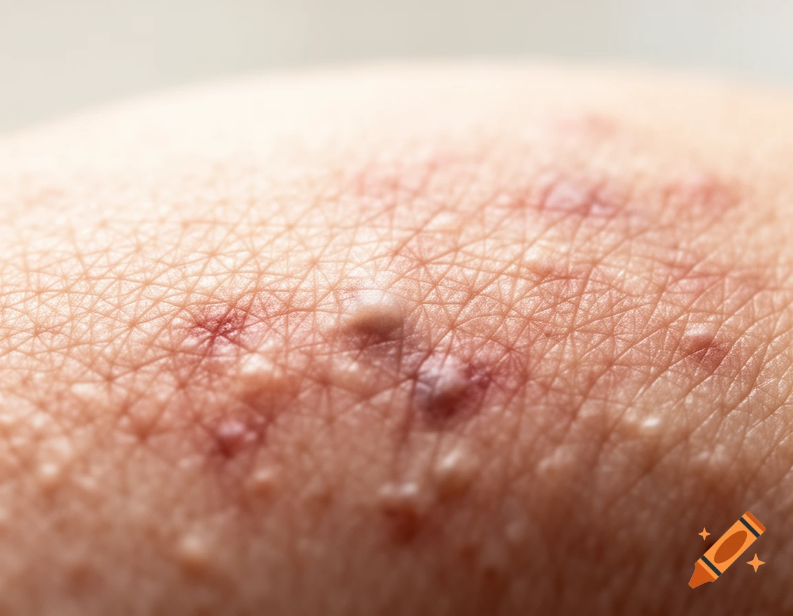 Macro close-up of light-toned skin with a visible rash, red bumps, and texture details.
