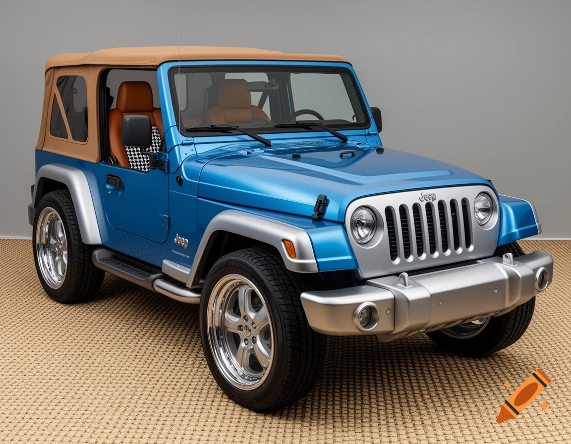 A photorealistic blue Jeep Wrangler LJ with a tan soft top, silver trim, and patterned seats, parked on a textured brown floor.