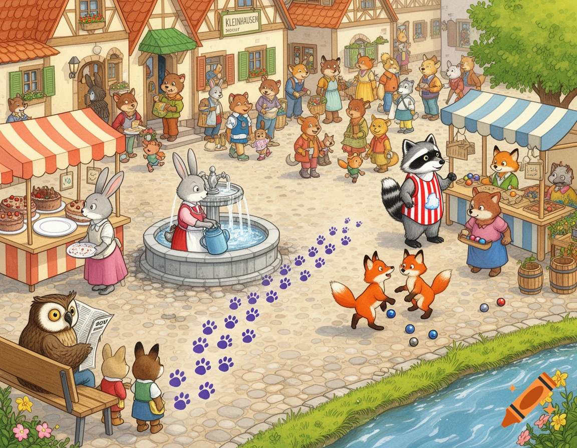 A busy, whimsical market square in a village with anthropomorphic animals, featuring market stalls, a fountain, and a river, in a storybook illustration style.
