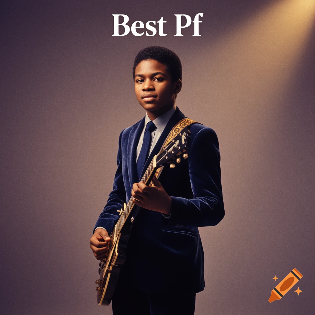 A young boy in a dark blue velvet suit holds an electric guitar, looking directly at the viewer. 'Best Pf' is written at the top.