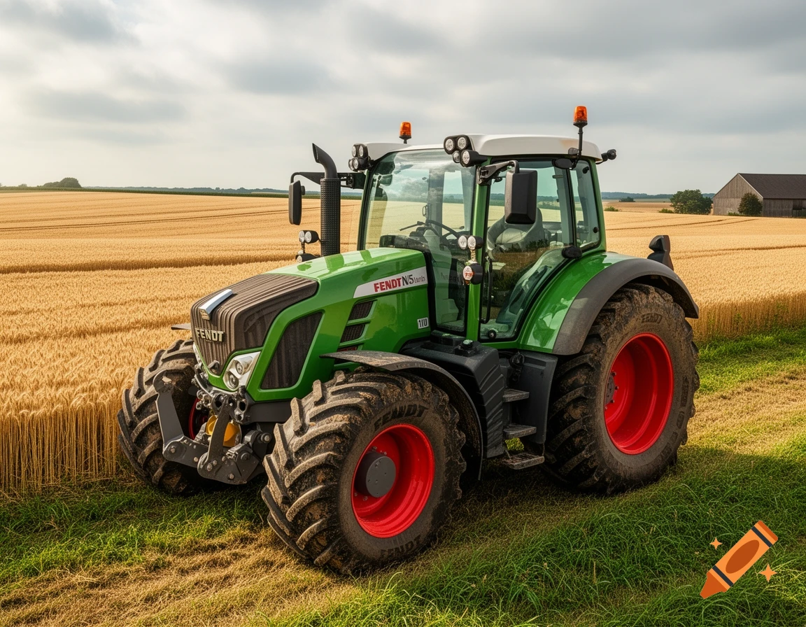 A green Fendt tractor with red wheel hubs is parked in a golden wheat field under a cloudy sky.