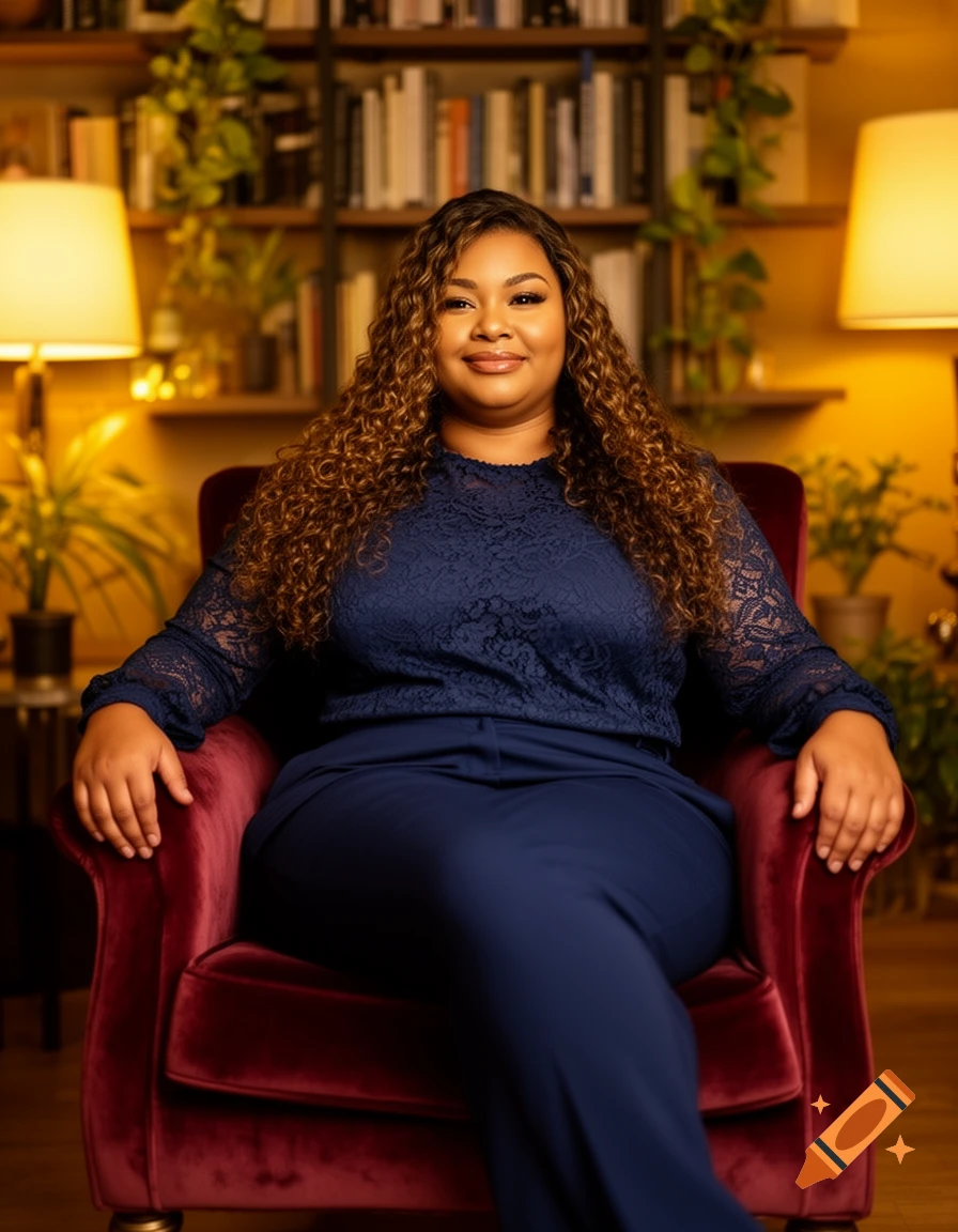 A smiling woman with long curly brown hair sits in a red velvet armchair, wearing a navy blue lace top and pants, against a backdrop of bookshelves.