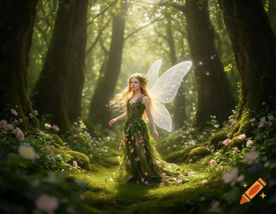 A mystical fairy with long blonde hair, a leaf dress, and glowing wings stands in a sunlit, enchanted forest surrounded by flowers.