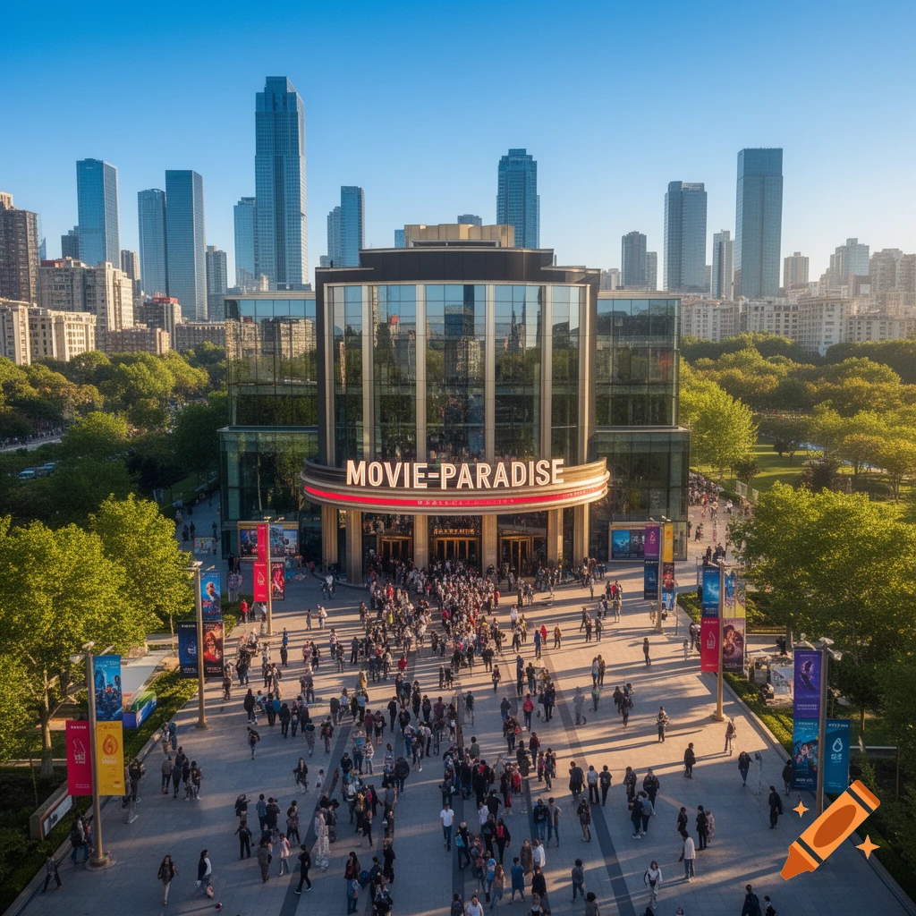 Aerial view of a bustling Movie-Paradise cinema with a large crowd outside, surrounded by green trees and modern skyscrapers under a clear blue sky.