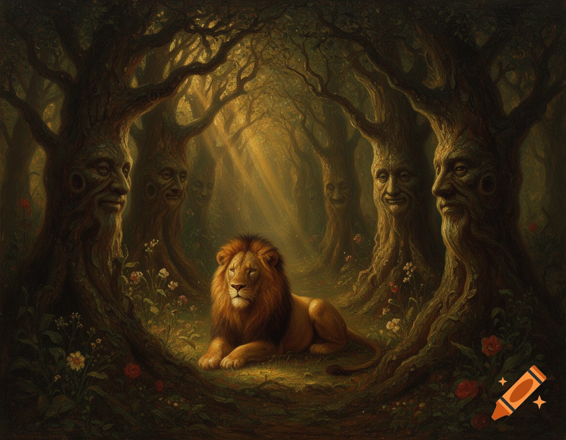 A majestic lion rests in a mystical, dark forest with warm sunbeams. Ancient, gnarled trees with subtle human faces form an arch around it.