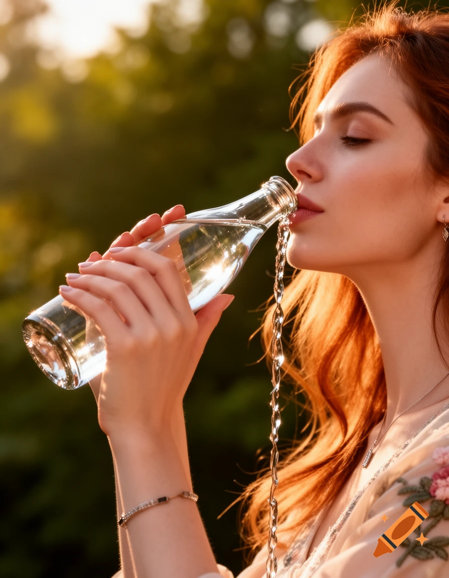 A red-haired woman sips from a clear glass water bottle, with water spilling, bathed in golden outdoor light.