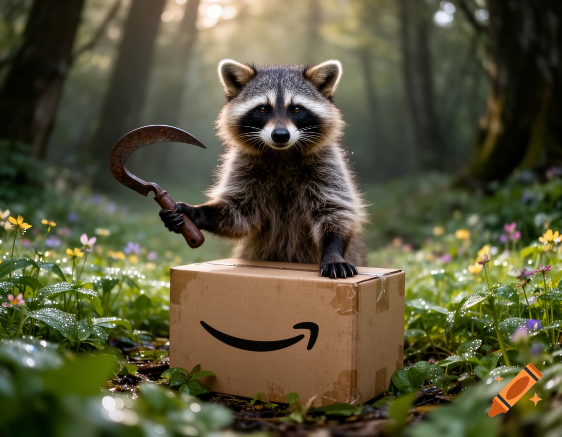A photorealistic raccoon stands in a sunlit forest, holding a rusty sickle, with one paw on an Amazon box.