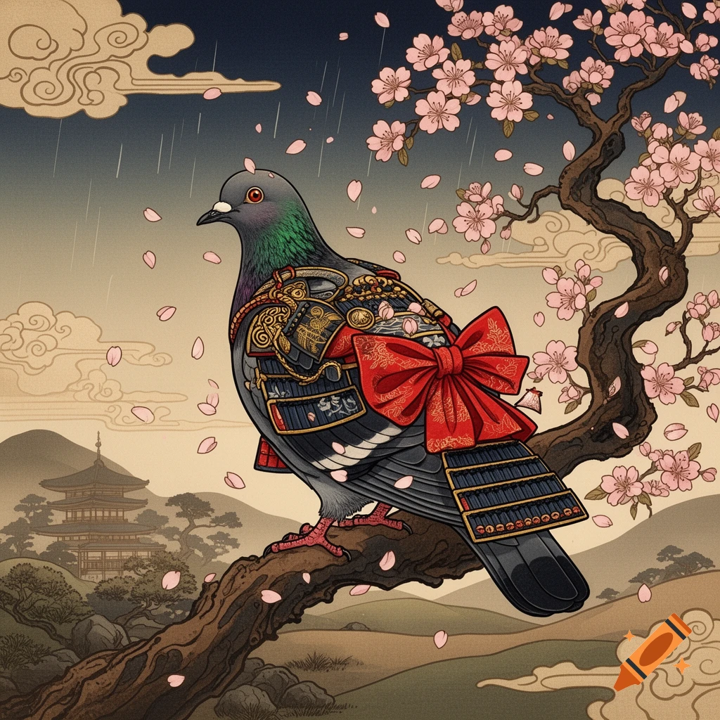 A pigeon wearing samurai armor and a red bow sits on a cherry blossom branch, with a Japanese temple in the background, Ukiyo-e style.
