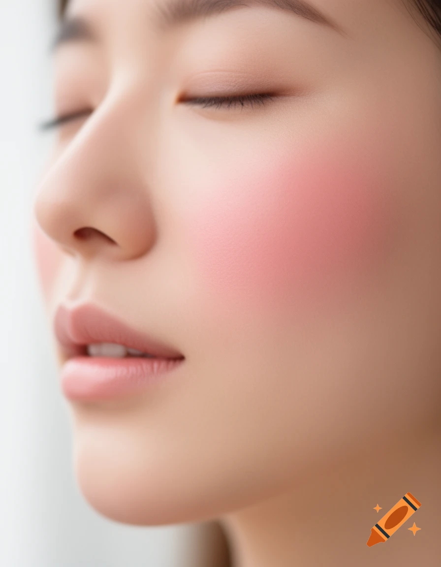Close-up of a woman's face with closed eyes, soft pink blush on her cheeks, and natural lips, photographed from the side.