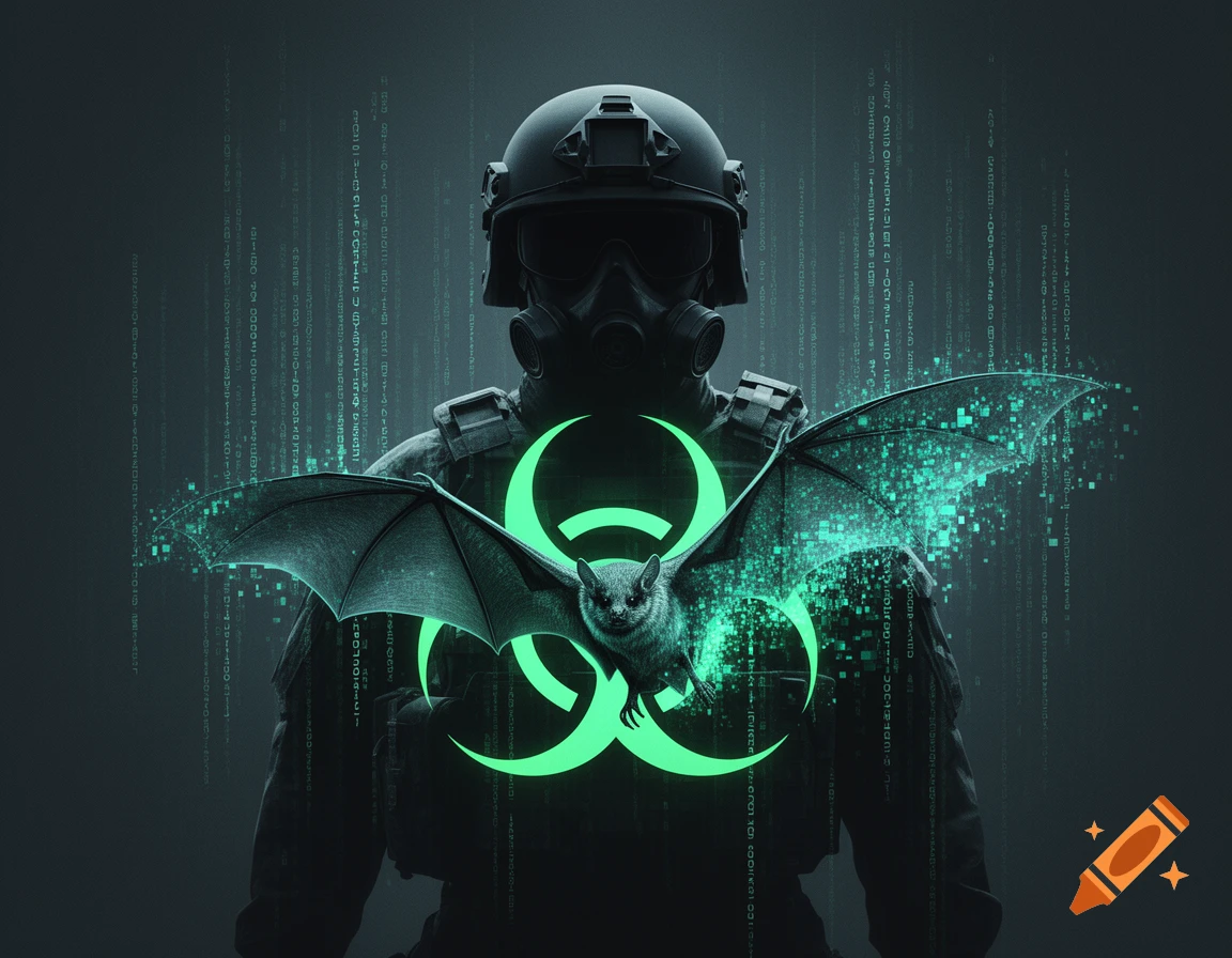A soldier in a gas mask and helmet with a glowing biohazard symbol, and a bat with pixelated wings against a digital background.