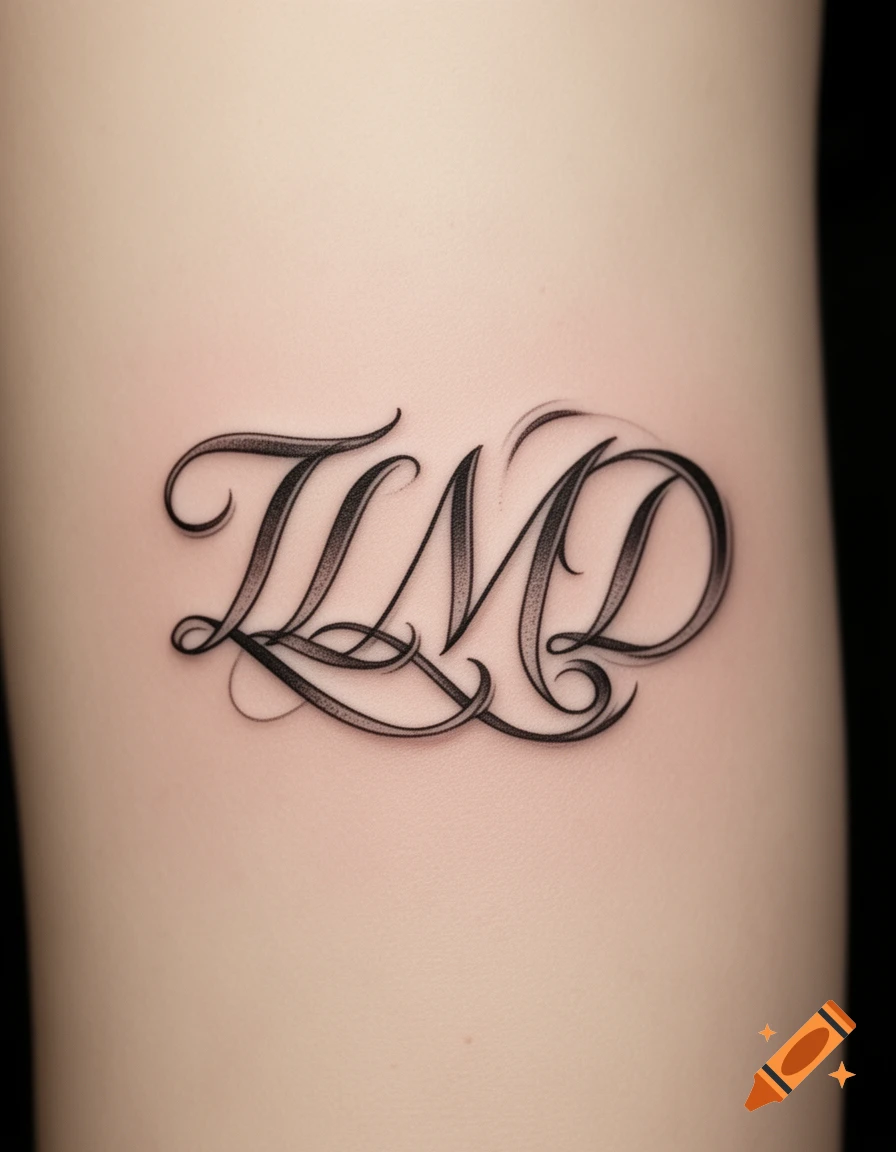 Stylized black tattoo of the letters TLMD intertwined with shading on light skin.