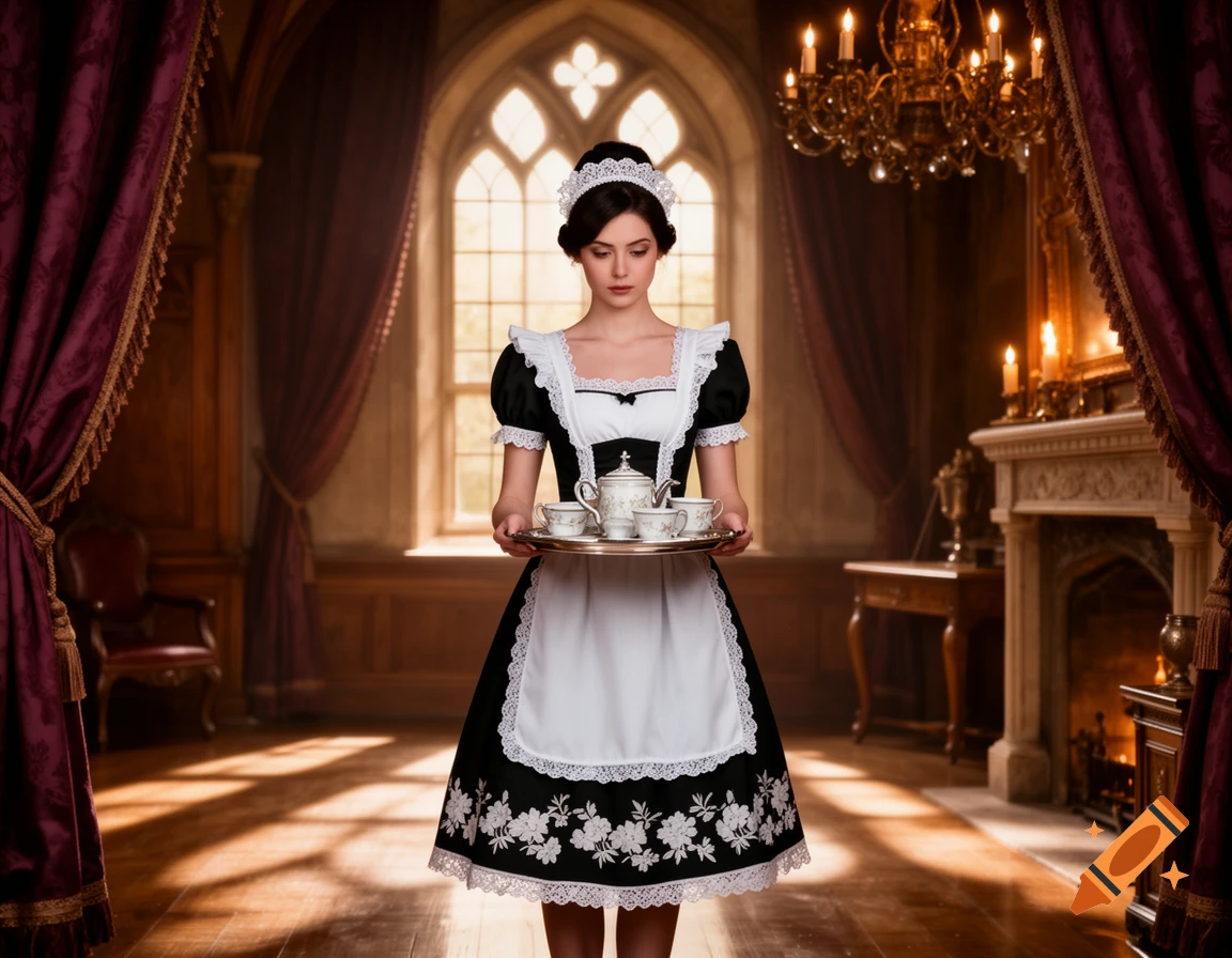 A photorealistic image of a young woman in a black and white maid uniform holding a tea tray in a grand, dimly lit room.