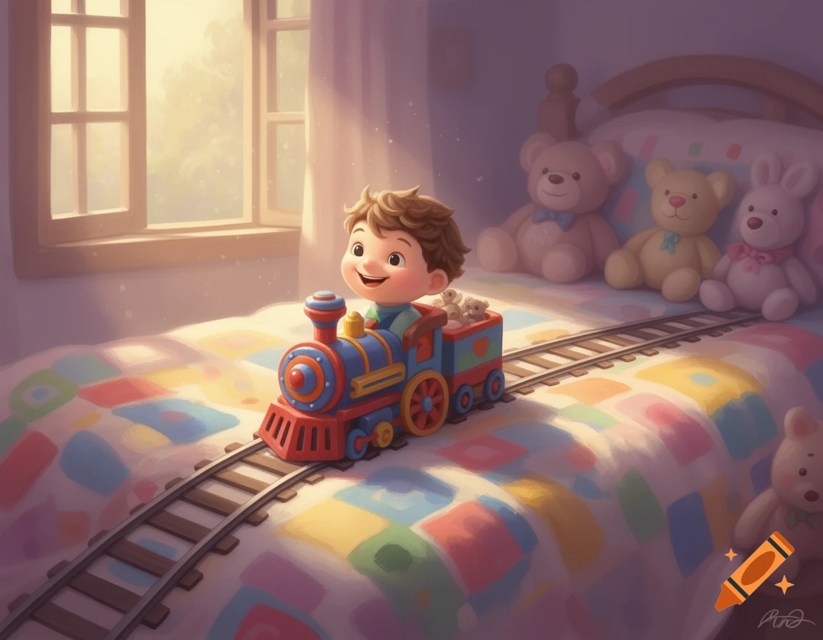 A cute cartoon child rides a toy train on a colorful bedspread, with stuffed animals in a sunlit bedroom.