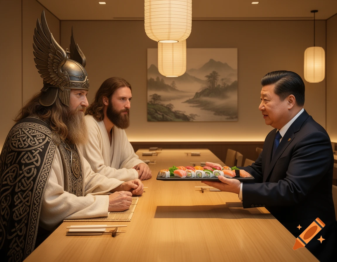 Photorealistic image of Xi Jinping serving a tray of sushi to Odin and Jesus at a dining table in a modern restaurant.