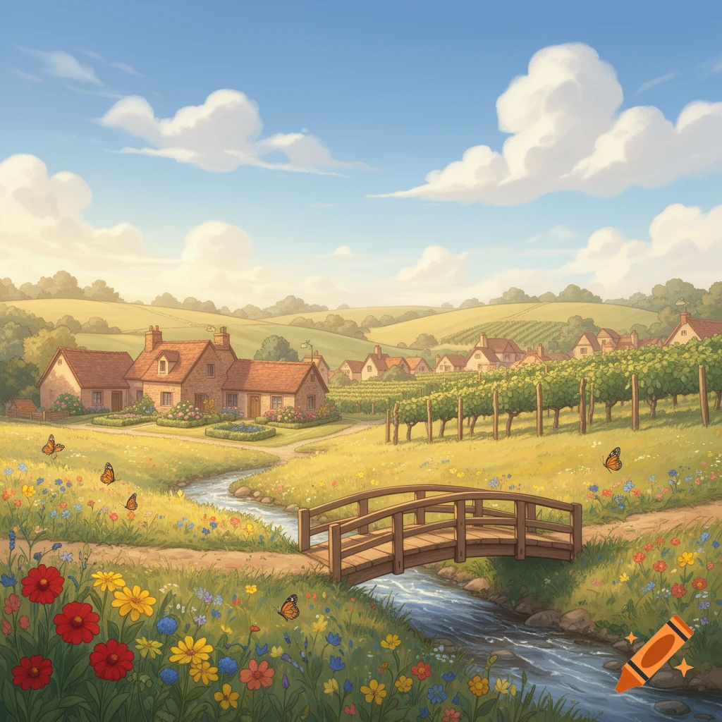 A vibrant, illustrated village scene with rolling green hills, vineyards, stone houses, a wooden bridge over a stream, and fields of colorful wildflowers under a blue sky.