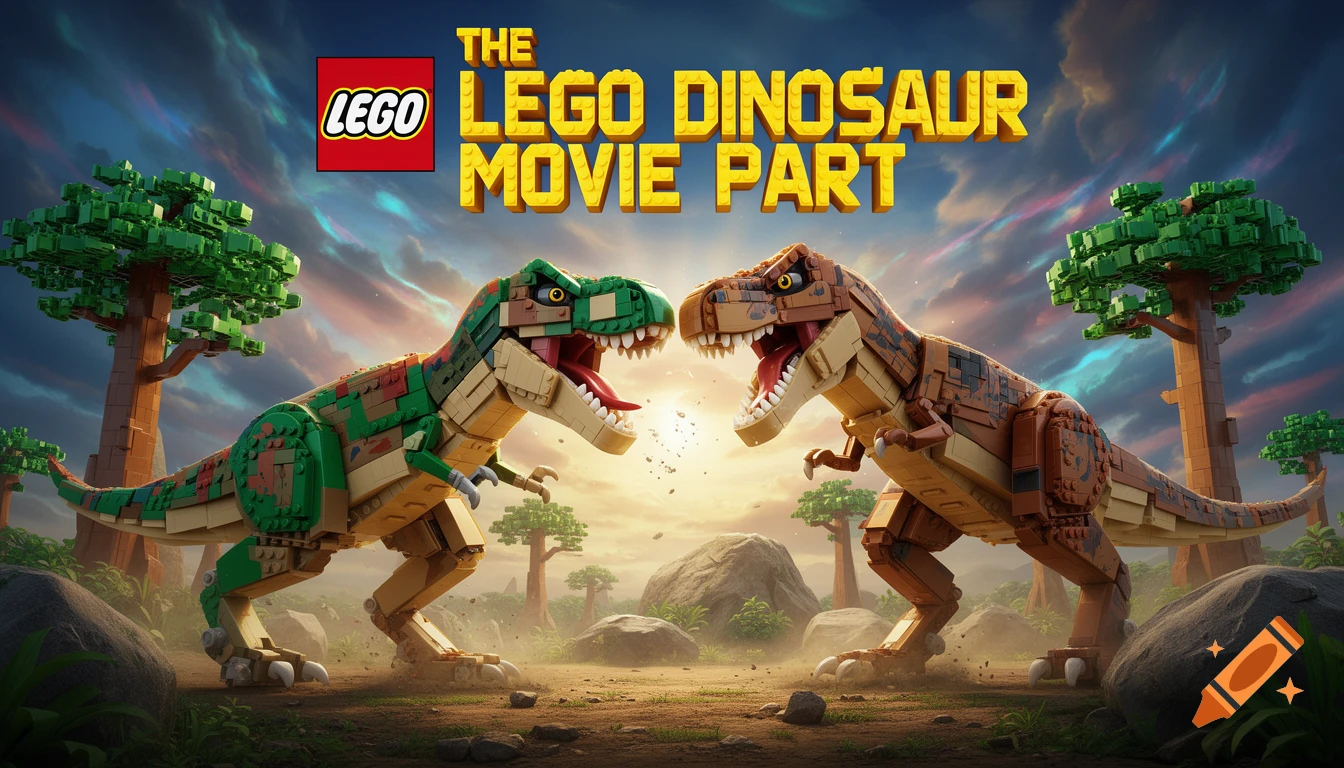 Two detailed Lego T-Rex dinosaurs, green and brown, roar at each other in a prehistoric landscape with a dramatic sky. Title reads: THE LEGO DINOSAUR MOVIE PART.