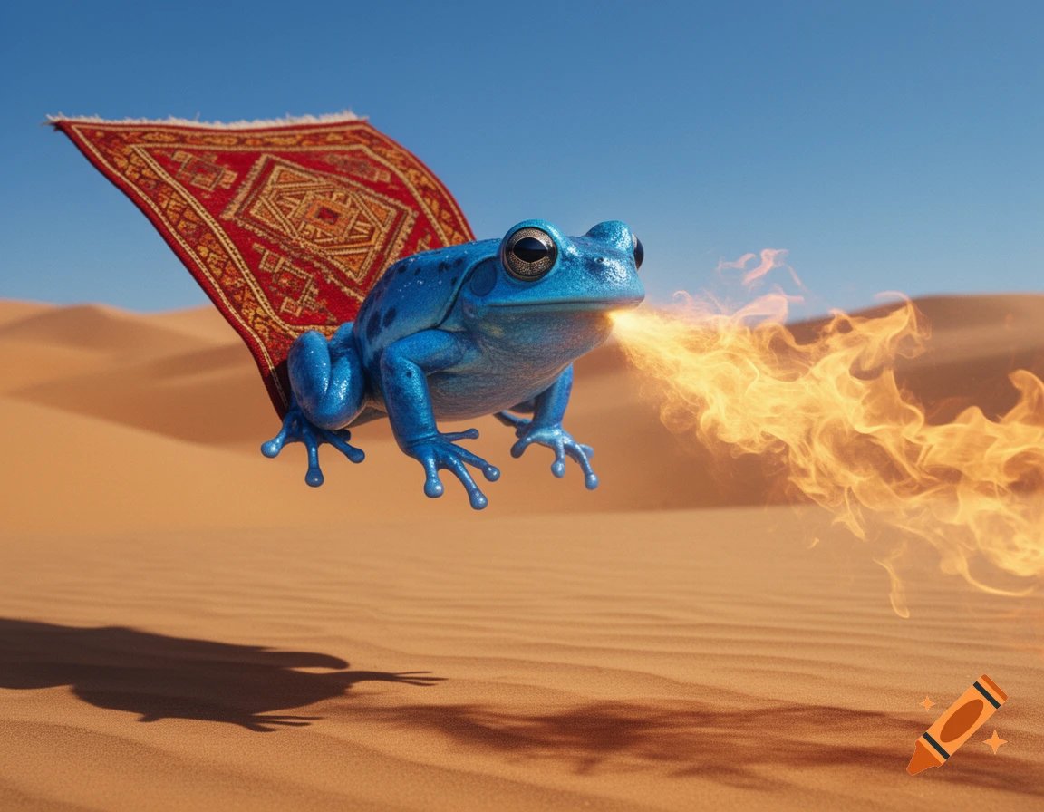 A photorealistic blue frog, perched on a red magic carpet, flies over a sandy desert while breathing fire.