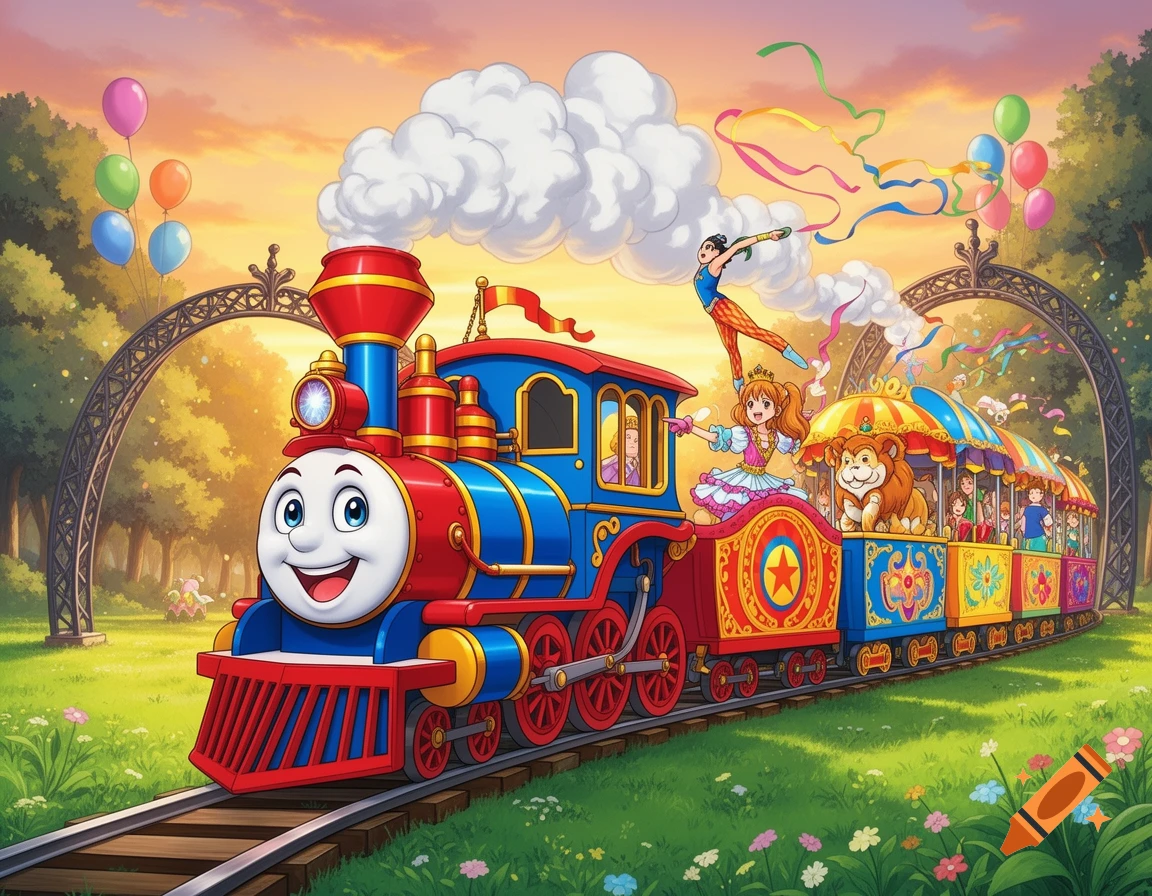 A happy anime-style circus train with a smiling face, carrying cartoon children, an acrobat, and a lion, rides on tracks through a sunny park filled with balloons.