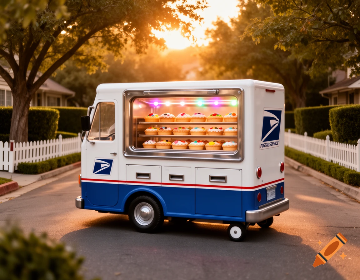 A whimsical postal service truck, transformed into a cupcake food truck, is parked on a tree-lined suburban street at sunset.