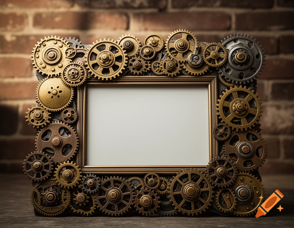 A photorealistic picture frame intricately decorated with various brass and silver gears, resting on a dark surface against a brick wall.