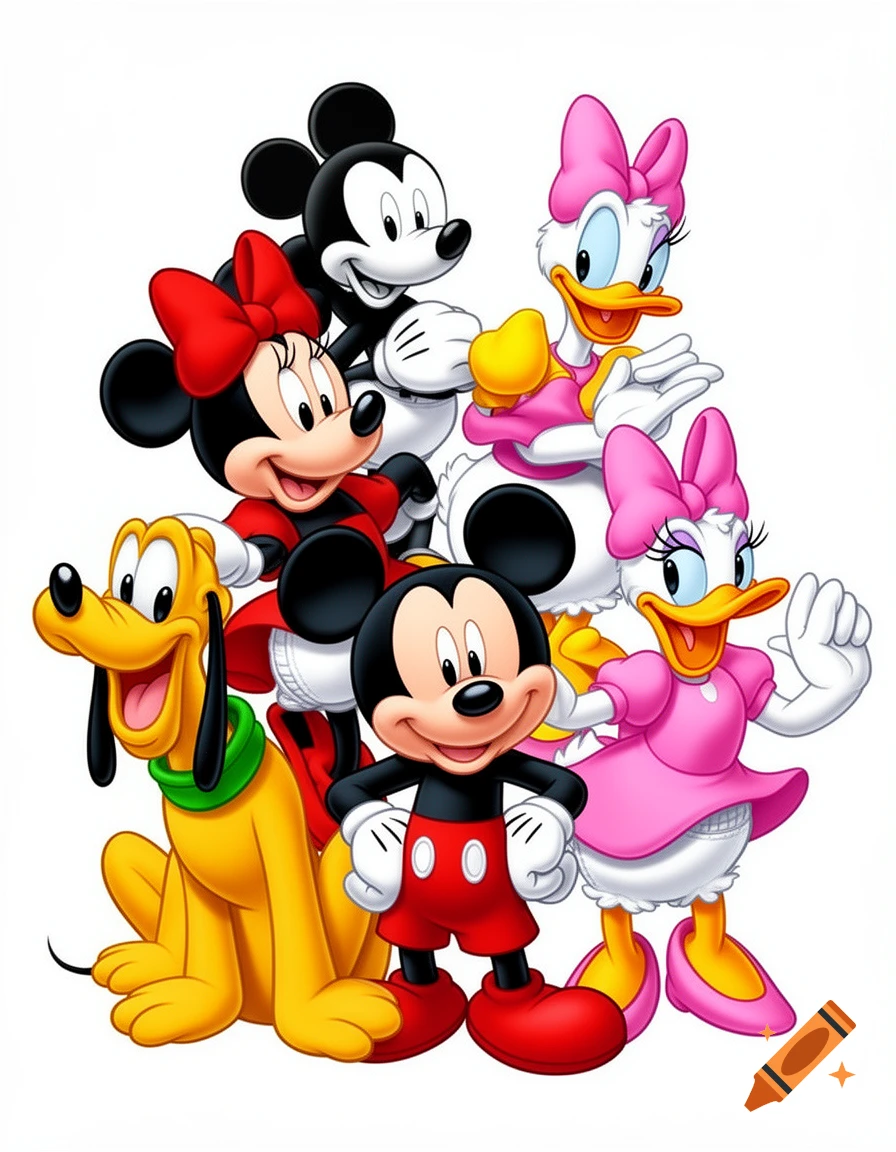 A vibrant cartoon illustration featuring a group of smiling Disney characters including Mickey Mouse, Minnie Mouse, Daisy Duck, and Pluto.