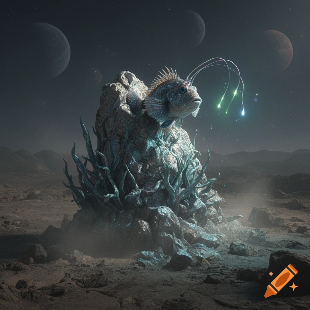 Photorealistic anglerfish-like creature with glowing lures on a rocky alien planet with strange plants and moons in the sky.