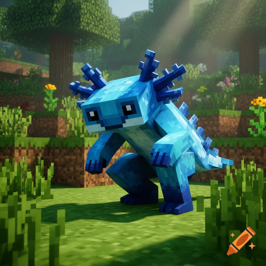 A pixelated blue axolotl in a Minecraft-style forest, crouching on green blocky grass.