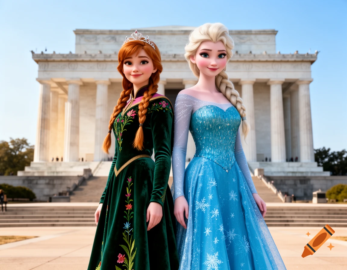 Princess Anna and Elsa in their signature dresses stand side-by-side in front of the Lincoln Memorial in Washington D.C. in an animated style.