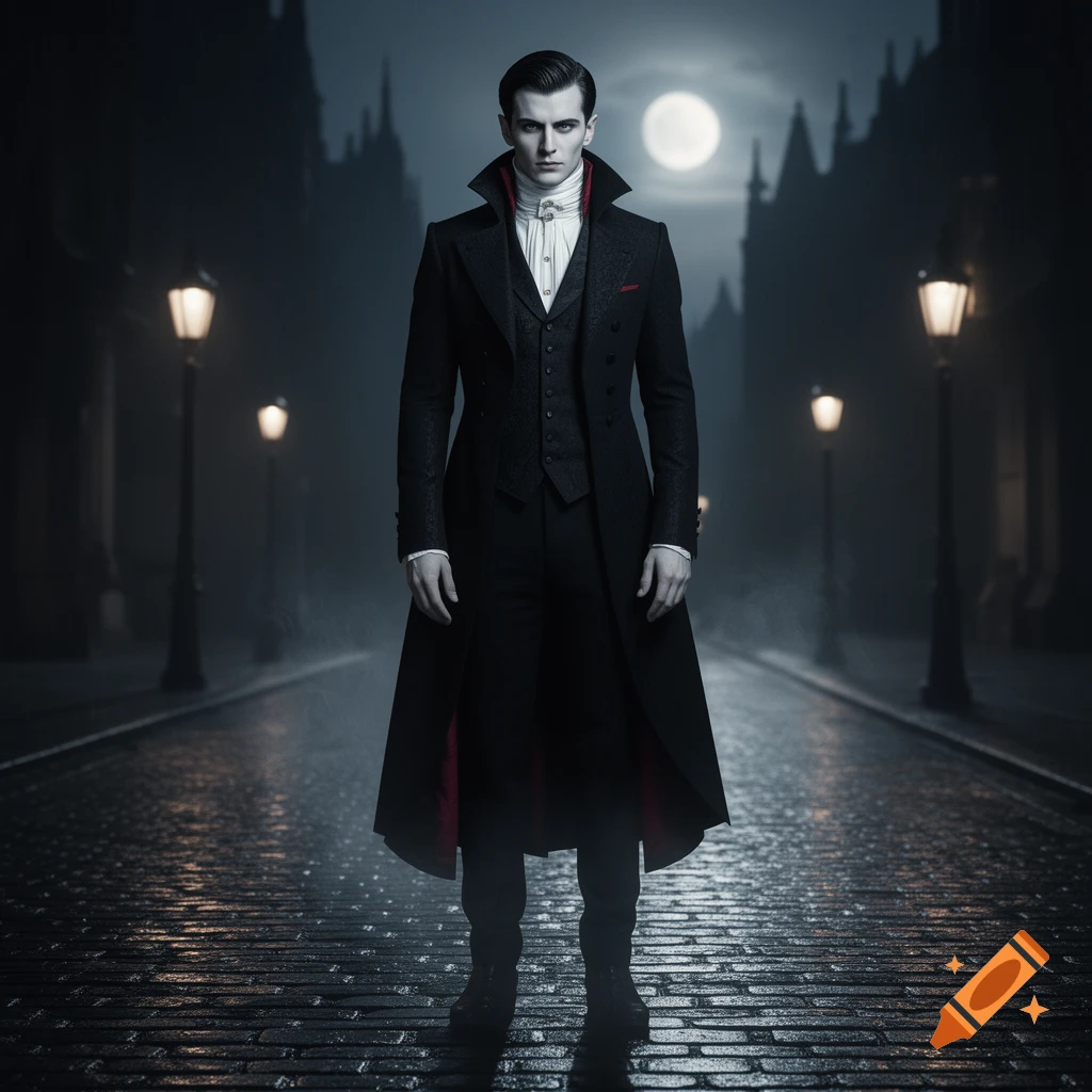 A pale, stern vampire in a black coat and white shirt stands on a wet cobblestone street at night, with streetlights, fog, and a full moon.