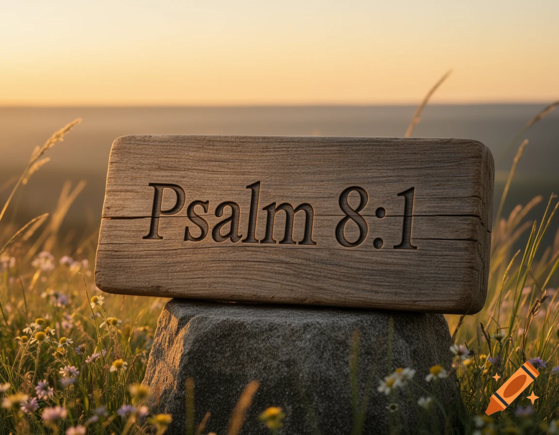 A wooden block engraved with 'Psalm 8:1' rests on a rock in a sunlit field of grass and wildflowers at sunset, photorealistic.