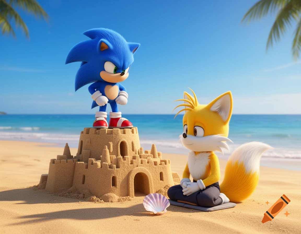 A 3D render of Sonic standing on a sandcastle while Tails kneels next to a seashell on a sunny beach.