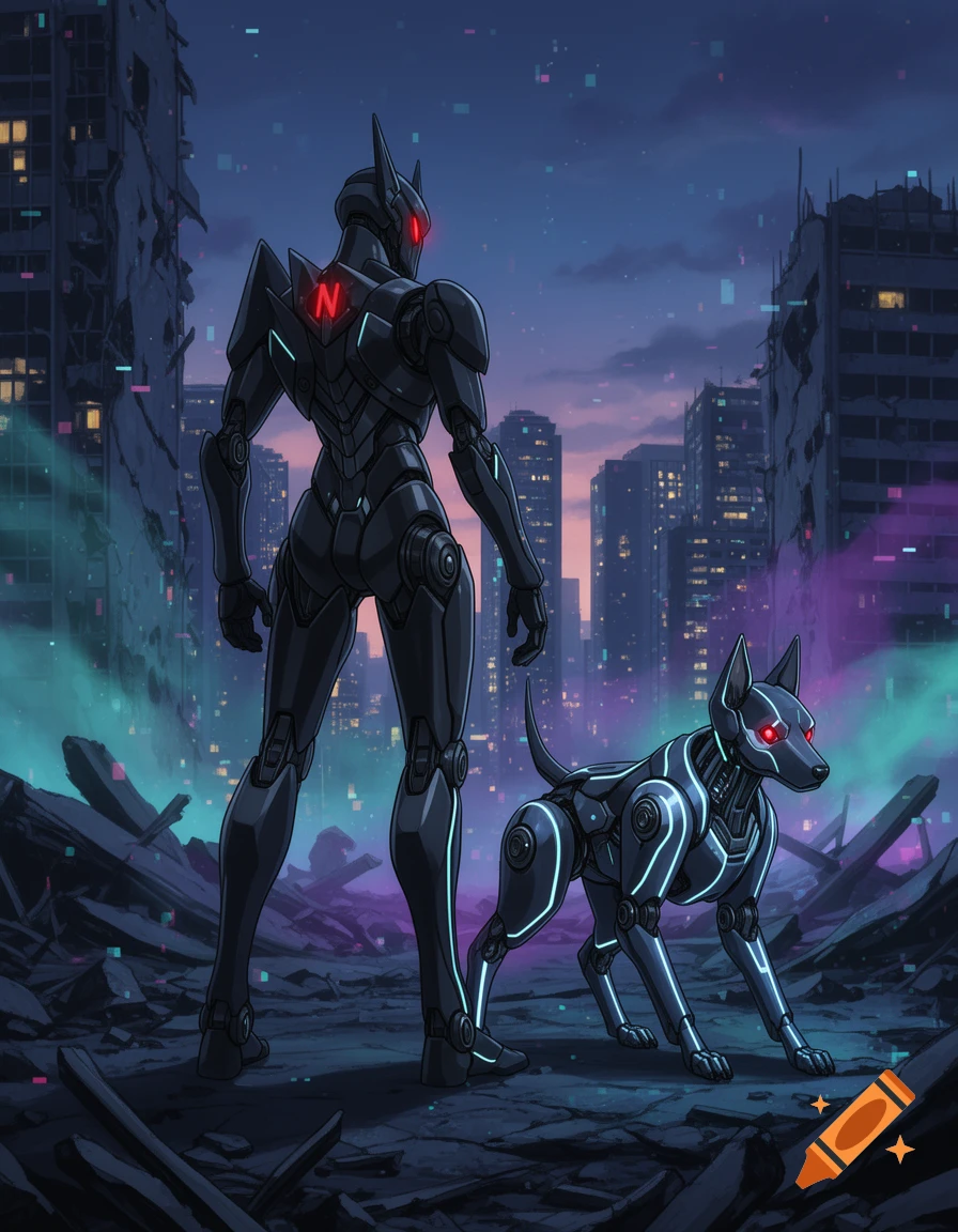 A dark anime-style robot with a red 'N' on its back and a glowing robotic dog stand in a neon-lit, ruined cyberpunk city at dusk.