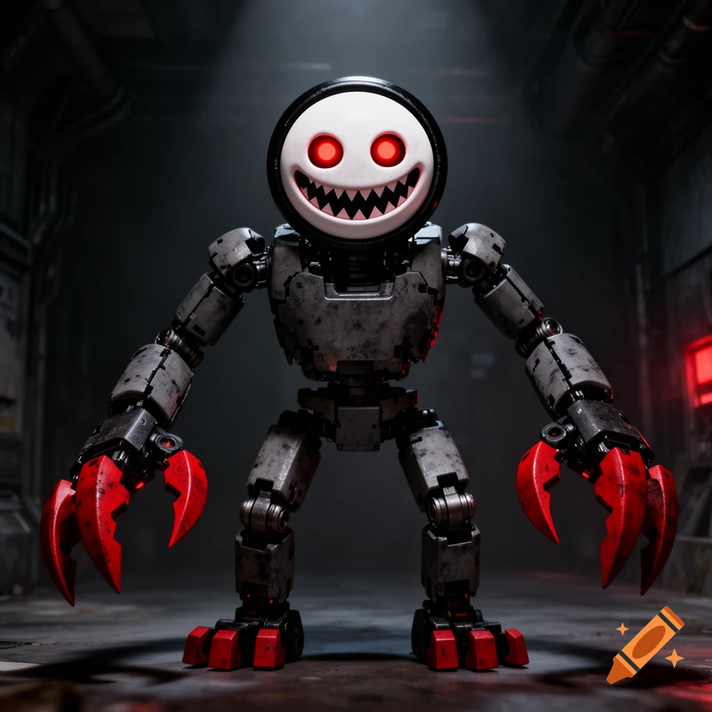 A creepy humanoid robot with a white, grinning face, glowing red eyes, and large red claw hands stands in a dark, industrial setting.