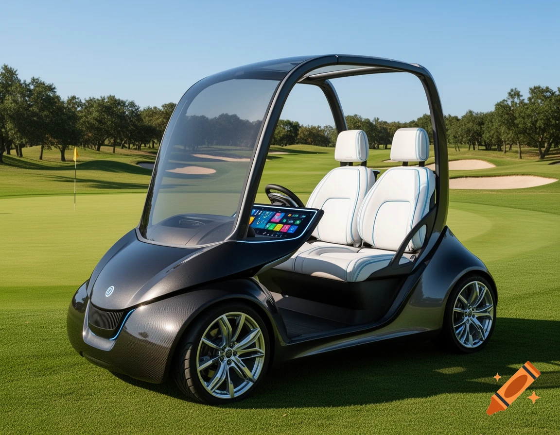A futuristic, sleek dark gray golf cart with white seats and a digital screen dashboard sits on a green golf course under a clear blue sky.