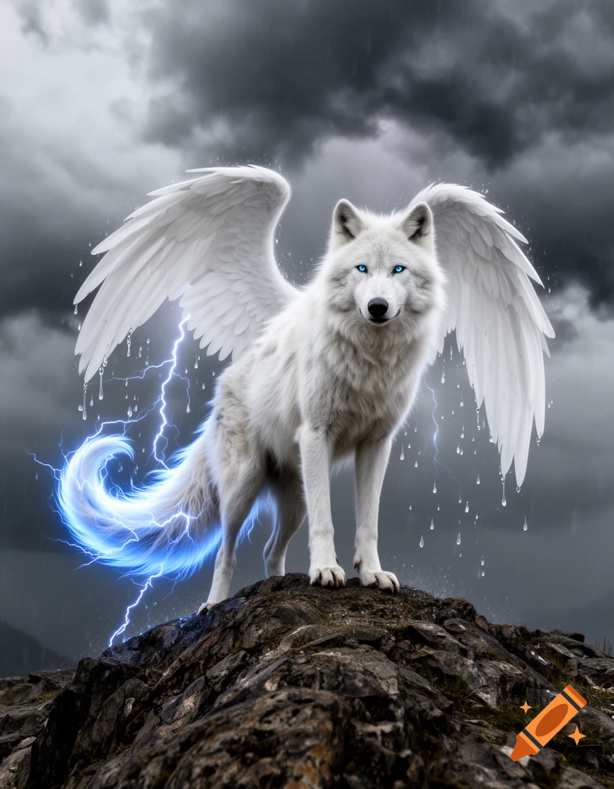 A majestic white wolf with large white angel wings stands on a rocky peak under a stormy sky, its tail crackling with blue lightning.