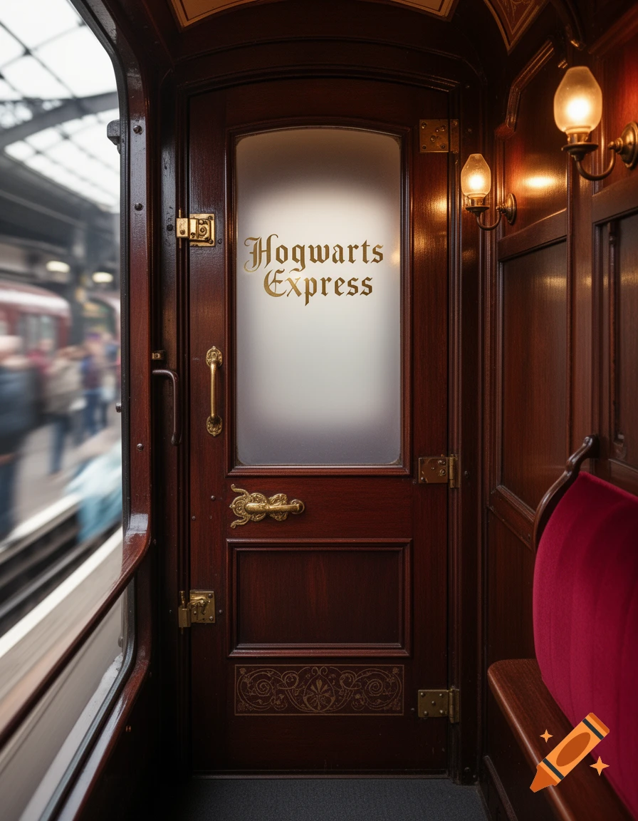 Photorealistic view of a wooden Hogwarts Express train door inside a vintage carriage with a red velvet seat.
