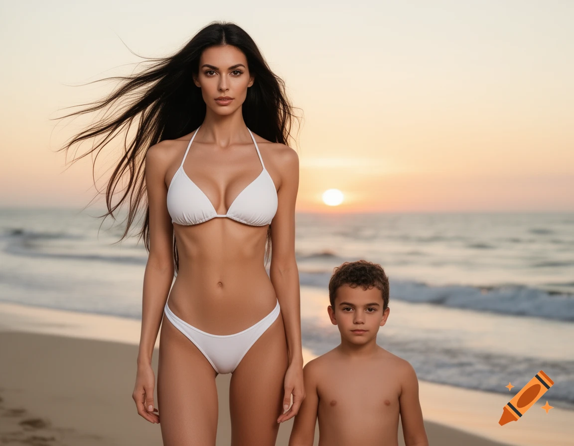A photorealistic image of a woman in a white bikini and a boy standing on a sandy beach at sunset, with the ocean in the background.