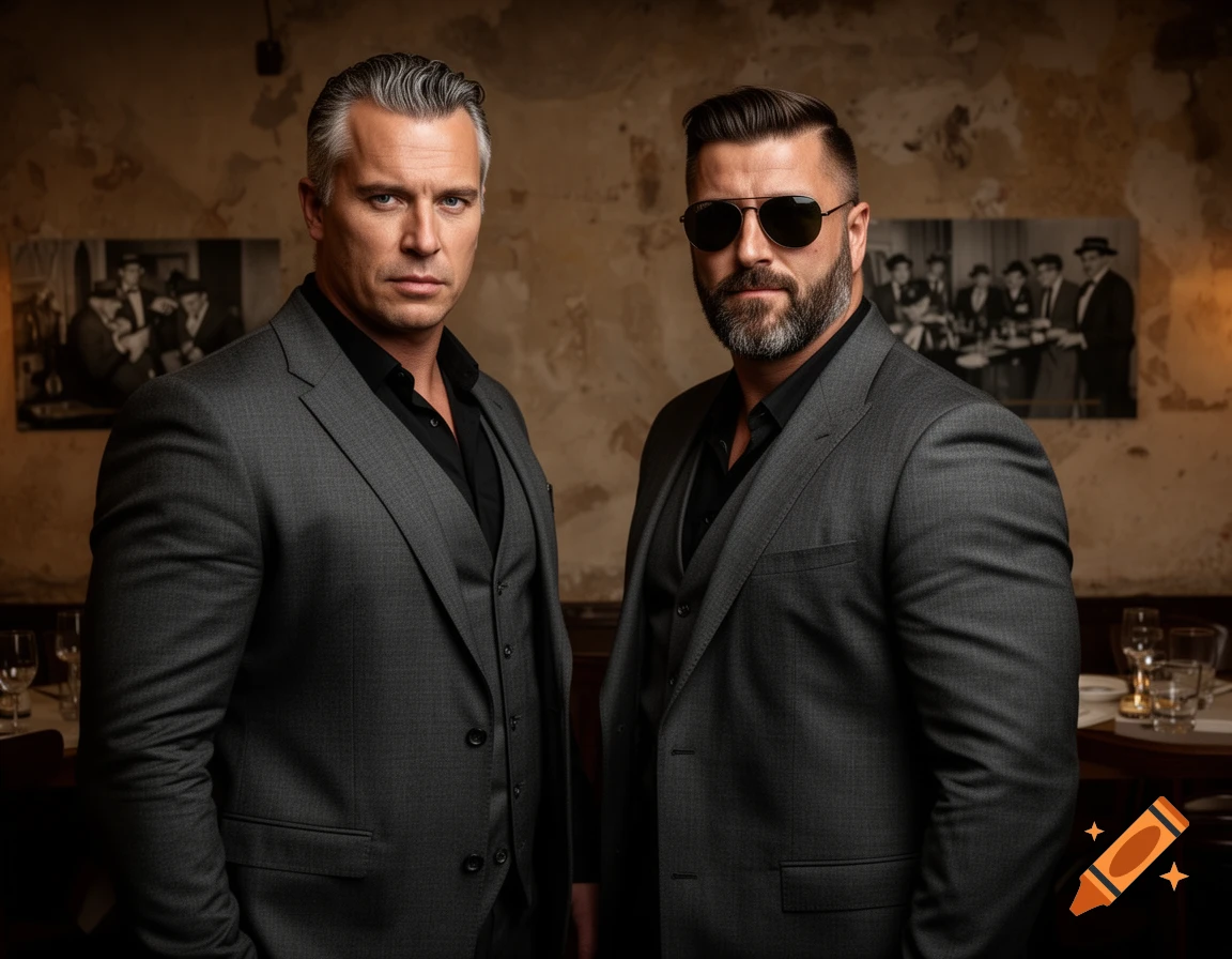 Two well-dressed men in dark suits, one with grey hair and blue eyes, the other bearded with sunglasses, stand in a dimly lit restaurant.