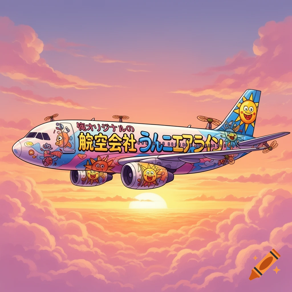 A colorful cartoon airplane featuring sun characters flies through a vibrant sunset sky filled with pink and orange clouds.
