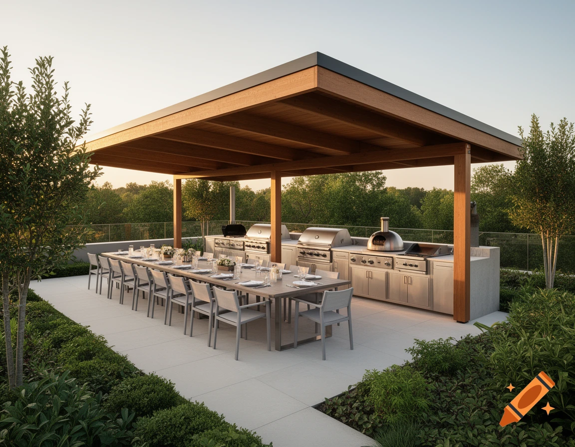 Photorealistic image of an outdoor grill pavilion with a long dining table and stainless steel kitchen, surrounded by greenery.