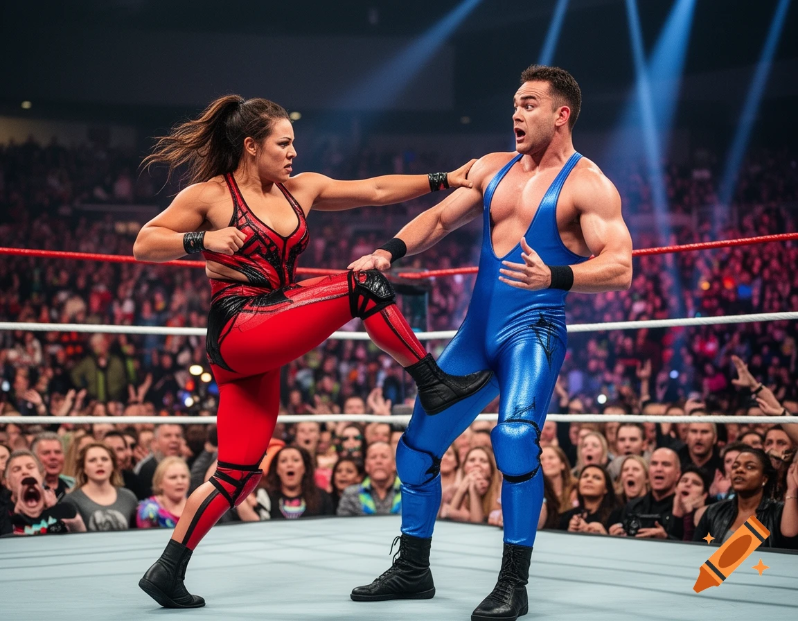 Female wrestler in red and black kicking a male wrestler in blue during a match in a crowded arena, photorealistic.